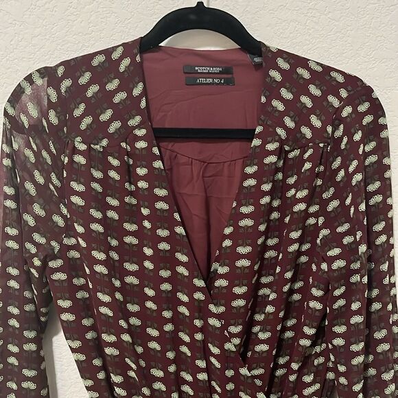 SCOTCH & SODA Atelier 4 Maroon Floral High-Low Wrap Dress, Size M - Picture 5 of 13